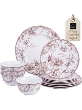 Elegant 12-Piece Brown & White Dinnerware Set for 4 - Durable Porcelain